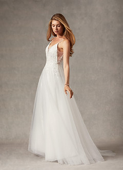Azazie Celandine Wedding Dresses Diamond White A-Line V-Neck Sequins Tulle Dress image4