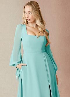 Azazie Leonia Bridesmaid Dresses Aqua A-Line Long Sleeve Chiffon Dress image6