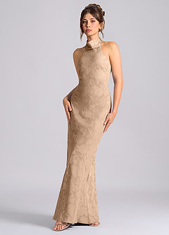 Azazie Velli Robes de demoiselle d'honneur Robe Sirène en Blumen-Burnout Col Haut Champagne image1