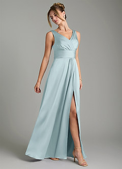 Azazie Karina Robes de demoiselle d'honneur Robe Trapèze en Satin extensible Plissée Brume image4