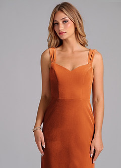 Azazie Denice Vestidos de damas de honor Vestido de Naranja Quemada de terciopelo de Corte Recto con Plisado image6
