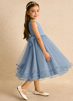 Azazie Lass vestidos de niña de las flores Vestido de Azul Polvoriento de Tul de Corte En A con Lazo image4