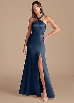 Azazie Rue Bridesmaid Dresses Dark Navy Mermaid Pleated Metallic Satin Dress image3