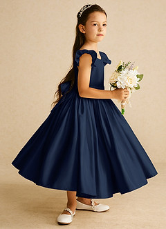 Azazie Violeta vestidos de niña de las flores Vestido de Azul Marino Oscuro de Satin Mate de Princesa con Lazo image4