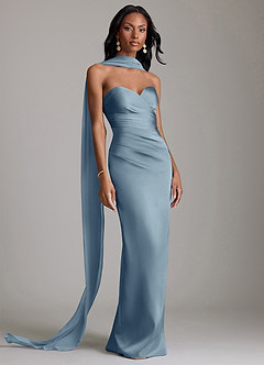 Azazie Jasmyn Bridesmaid Dresses Dusty Blue Sheath Strapless Stretch Satin Dress image4