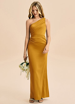 Azazie Akilah Junior Butterscotch Sheath Pleated Stretch Satin Dress image3