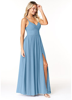 Azazie Dominic Bridesmaid Dresses Steel Blue A-Line V-Neck Pleated Chiffon Dress image4