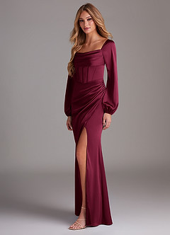 Azazie Charissa Bridesmaid Dresses Burgundy Sheath Long Sleeve Stretch Satin Dress image5
