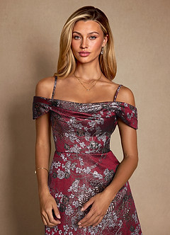 Azazie Marceline Mère de la mariée Robes Robe Trapèze en Jacquard Épaule décolletée Merlot Floral image6