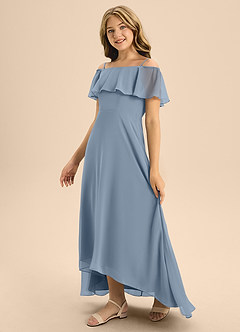Azazie Maggie Junior A-Linie Schulterfrei Chiffon Kleid Staubblau image4