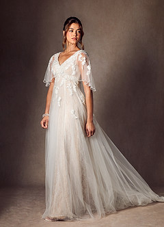 Azazie Renesmee Robes de mariée Robe Trapèze en Tulle Paillettes Diamant Nude image1