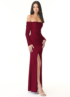 Azazie Hallie Bridesmaid Dresses Burgundy Sheath Off-The-Shoulder Long Sleeve Stretch Satin Convertible Dress image5