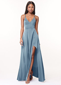 Azazie Maksim Bridesmaid Dresses Dusty Blue A-Line V-Neck Stretch Satin Dress image1