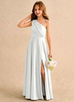 Azazie Puddles Girls Formal Blumenmädchenkleider A-Linie One-Shoulder Stretch-Satin Kleid Weiß image3