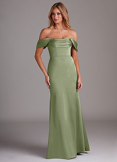 Azazie Saige Bridesmaid Dresses Pistachio Sheath Off the Shoulder Stretch Satin Dress image4