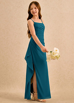 Azazie Cannoli Girls Formal Flower Girl Dresses Ink Blue A-Line Pleated Chiffon Dress image4