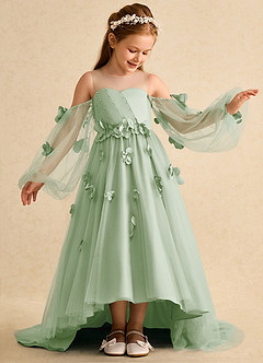 Azazie Karrie Flower Girl Dresses Dusty Sage A-Line with Sleeves Tulle Dress image4