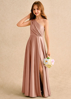 Azazie Puddles Girls Formal Abiti da Ragazza di Fiori Abito A-Line in Raso Elasticizzato Monospalla Oro Rosa image3