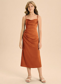 Azazie Mai Junior Skede Plisseret Stræk satin Te-længde Junior brudepige Kjole image3