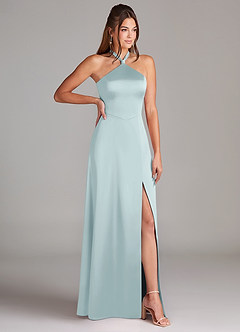Azazie Elliana Bridesmaid Dresses Mist A-Line Side Slit Stretch Satin Dress image3