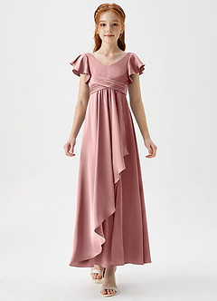 Azazie Omari Junior Dusty Rose A-Line Pleated Stretch Satin Dress image5