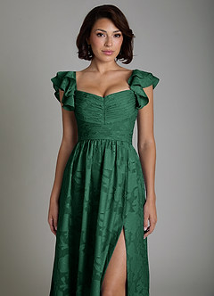 Azazie Anaya Bridesmaid Dresses Dark Green A-Line Ruched Floral Burnout Dress image3
