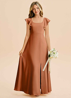 Azazie Bondi Junior Copper A-Line Side Slit Stretch Satin Dress image1