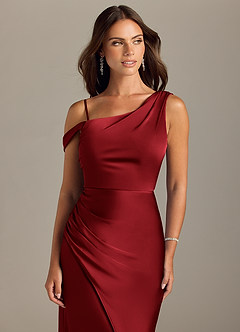 Azazie Madelyn Robes de demoiselle d'honneur Robe Sirène Convertible en Satin extensible Une épaule Écarlate image5