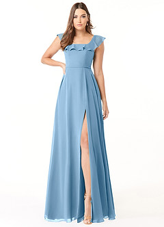 Azazie Jinny Bridesmaid Dresses Steel Blue A-Line Square Neckline Ruched Chiffon Dress image1