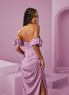 Barbie ♥ Azazie Robes de demoiselle d'honneur Robe Fourreau Convertible en Satin extensible Épaule décolletée Glycine image8