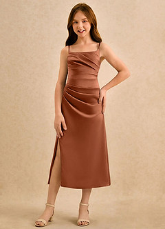 Azazie Canna Girls Formal Robe Demoiselle D'honneur Fillette Robe Trapèze en Satin extensible Plissée Cuivre image4