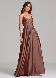 Azazie Amani Bridesmaid Dresses Espresso A-Line Pleated Stretch Satin Dress image1