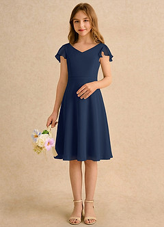 Azazie Narin Girls Formal Flower Girl Dresses Dark Navy A-Line with Sleeves Chiffon Dress image3