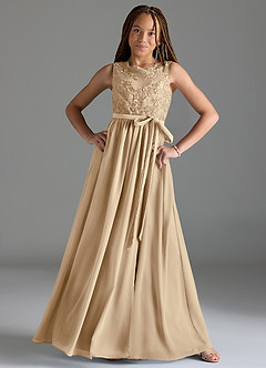 Azazie Elly Junior Champagne A-Line Lace Chiffon Dress image3