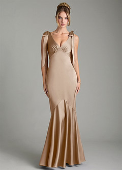Azazie Alena Bridesmaid Dresses Taupe Mermaid Pleated Stretch Satin Dress image1