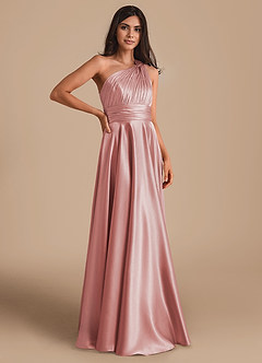 Azazie Charlize Bridesmaid Dresses Dusty Rose A-Line One Shoulder Metallic Satin Dress image3