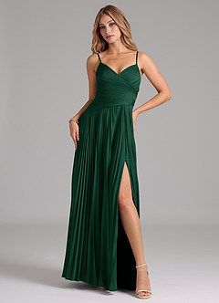 Azazie Vini Bridesmaid Dresses Dark Green A-Line Pleated Stretch Satin Dress image1