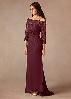 Azazie Rhonda Mother of the Bride Dresses Cabernet Mermaid Off the Shoulder Mesh Dress image4