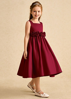Azazie Peaches Flower Girl Dresses Burgundy A-Line Bow Matte Satin Dress image3
