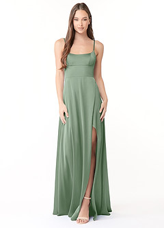 Azazie Halsey Robes de demoiselle d'honneur Robe Fourreau en Satin extensible Fente Latérale Matcha image1