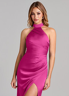 Azazie Karlotta Vestidos de madrinha de casamento Vestido Fúcsia de Cetim elástico de Bainha com Plissado image6