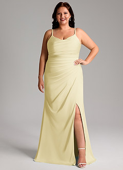 Azazie Deandra Bridesmaid Dresses Lemon Sorbet Mermaid Pleated Stretch Satin Dress image7