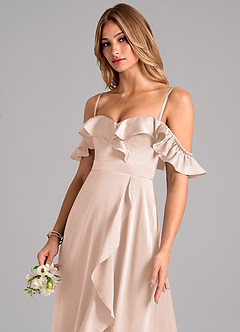 Azazie Lyra Bridesmaid Dresses Blushing Pink A-Line Off the Shoulder Stretch Satin Convertible Dress image7