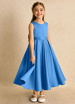 Azazie Junebuj Flower Girl Dresses Blue Jay Ball-Gown Pleated Matte Satin Dress image2