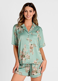 front Satin Printed Piping Pajama Set