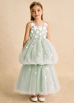 Azazie Teacup Flower Girl Dresses Ivory Dusty Sage Ball-Gown Lace Tulle Dress image7