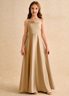 Azazie Joella Girls Formal Flower Girl Dresses Gold A-Line Pleated Stretch Satin Dress image4