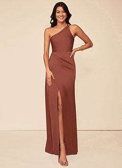 Azazie Maron Robes de demoiselle d'honneur Robe Trapèze en Satin extensible Epaule unique Auburn image1