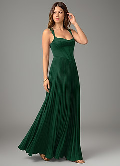 Azazie Avenelle At-home Try On Dresses Dark Green A-Line Corset Stretch Satin Dress image5