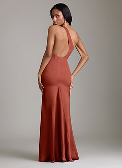 Azazie Voni Robes de demoiselle d'honneur Robe Sirène en Satin extensible Une épaule Terracotta image2